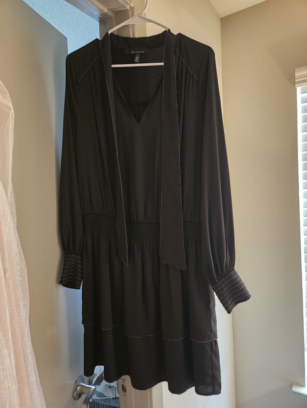 White House Black Market Black Long-Sleeve Tie-Neck Dress with Stud Detail